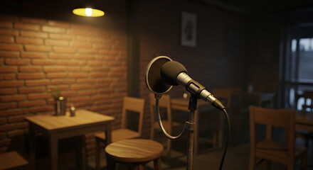 Obraz premium Vintage Microphone in Intimate Cafe Setting