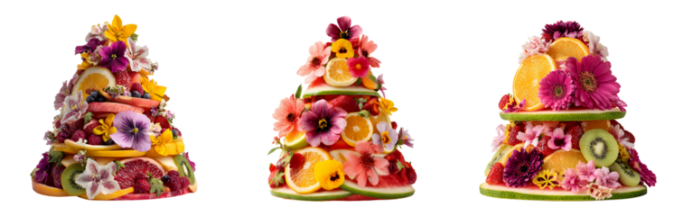 Three decorated fruit hats, like tall and colorful cakes, isolated on a transparent background.