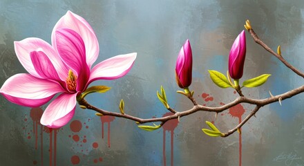 Pink Magnolia Blossom and Buds on Branch flower leaves spring bloom nature floral painting digital art illustration botanical plant