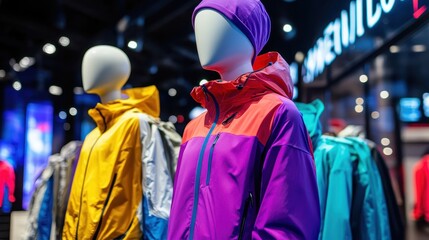 Obraz premium Colorful Outdoor Jackets Displayed in Modern Retail Environment