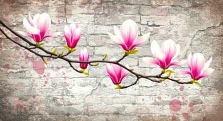 Pink Magnolia Blossoms on Brick Wall flowers bloom spring texture background floral illustration digital art painting design home decor