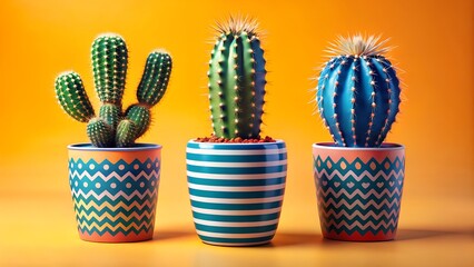 Three potted cacti with decorative patterned pots on an orange background