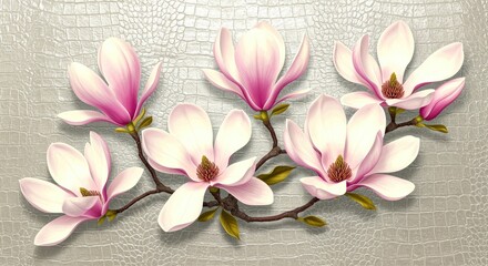 Pink Magnolia Blossoms on Crocodile Skin Texture flowers white bloom floral plant nature botanical illustration digital art design