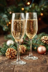 Two glasses of champagne with golden bubbles on wooden table with pine branches and ornaments
