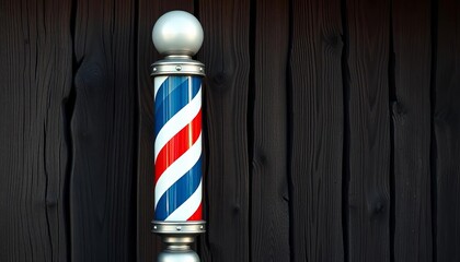 Classic barber pole against rustic wood, ample copy space,  design,  pole