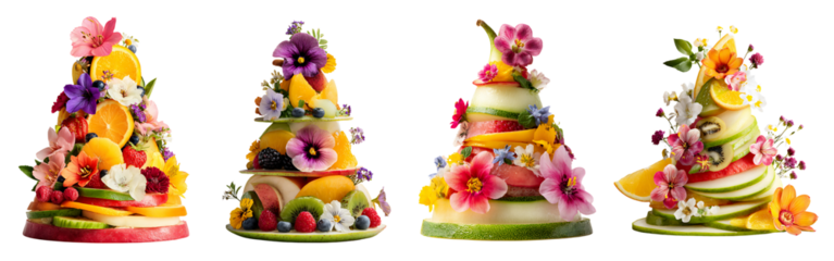 Four decorative cone-shaped fruit hats decorated with colorful flowers and fresh fruit slices isolated on transparent background.