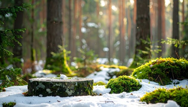 Snowy Forest Bench Among Tall Trees