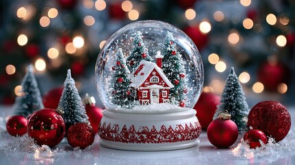 Christmas snow globe with red house and fir trees surrounded by ornaments and holiday decorations