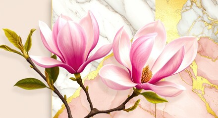 Pink Magnolia Blossoms on Marble Background flowers bloom gold leaves botanical illustration floral nature elegant luxury spring