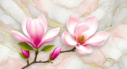 Pink Magnolia Blossoms on Marble Background flower gold floral nature spring illustration design art elegant beautiful decorative
