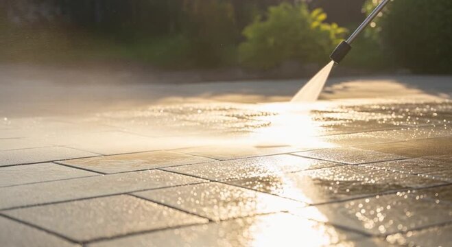 High pressure water jet cleaning outdoor pavement tiles. cleanliness, maintenance, and professional cleaning service for patios, sidewalks, and driveways.