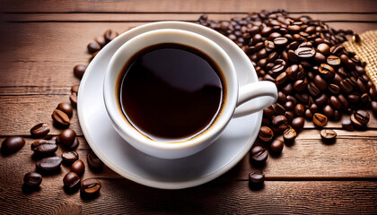 White Cup Black Coffee Coffee Beans On Table Table Mug