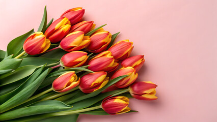 Vibrant bouquet of red and yellow bi color tulips artfully arranged on a soft pink background