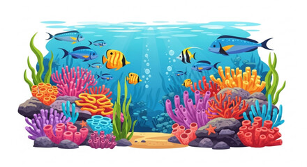 Underwater world with coral reef and fish colorful marine life with sea animals and plants in ocean depths scene