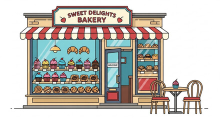Sweet delights bakery shop with cupcakes, cookies and croissants storefront with awning, window and door illustration
