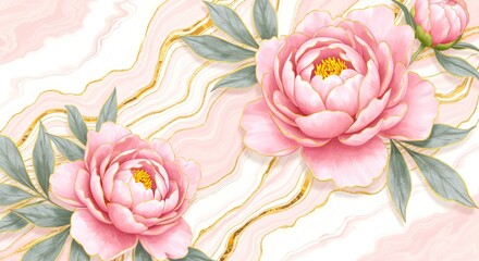 Pink Peonies and Gold Marble Background peony flower floral watercolor painting texture design home decor elegant luxury feminine art