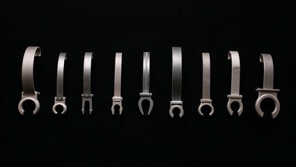 Collection of metal pipe brackets on black background