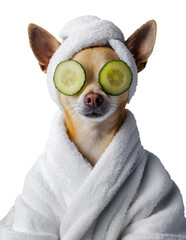 Chihuahua dog with cucumber eye mask in white spa towel. Funny pet wellness and relaxation treatment concept. Humorous spa day for pampered pets and luxury pet care.