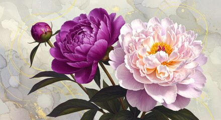 Purple and Pink Peonies with Gold Accents peony flower flowers bloom blossom botanical illustration painting digital art leaves floral