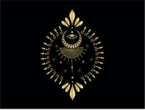 Ornate golden mystical emblem with eye and palm fronds
