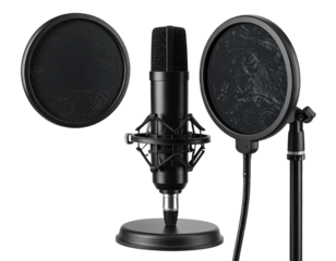 Professional black mic stand and pop filter on transparent background