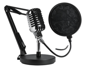 Professional black mic stand and pop filter on transparent background