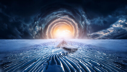 Surreal Icy Maze Leading To Glowing Cloud Tunnel Under Dark Sky