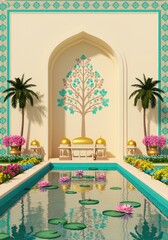 Tranquil Oasis: Palm Trees, Lotus Flowers, and a Reflecting Pool in a Serene Garden Setting water reflection peace calm architecture