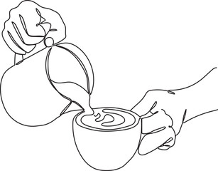 Barista Pouring Milk for Latte Art Line Illustration