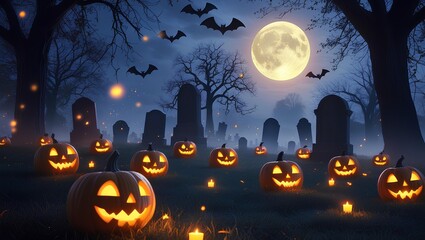 Fototapeta premium Spooky Halloween Graveyard: Glowing Jack-O'-Lanterns and Full Moon Night
