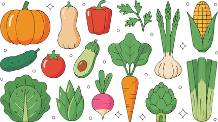 Vector art of variety of fresh vegetables, healthy eating