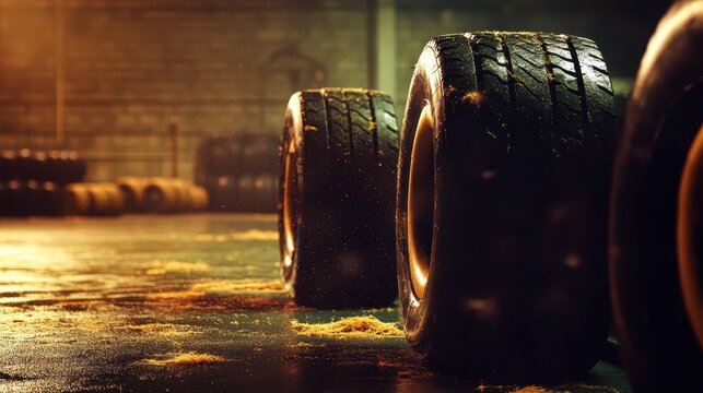 Close-Up View of Racing Tires on a Wet Garage Floor in Soft Lighting - Powered by Adobe