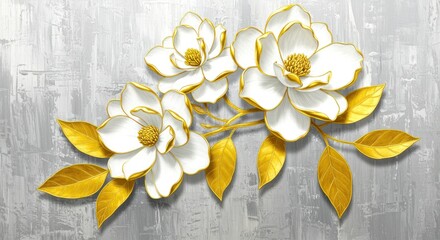 White and Gold Flowers on Gray Background leaves floral texture design art illustration digital art painting elegant luxury decor