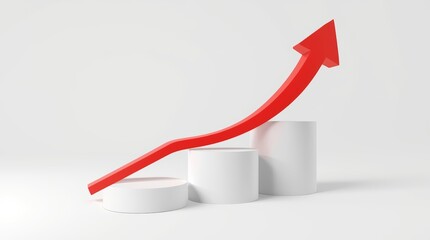 Three white cylindrical pedestals of increasing height are arranged in a stepped pattern on a pure white,a concept of growth and progression seamless background. 