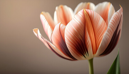 Striped Tulip Bloom Close Up Neutral Background Spring