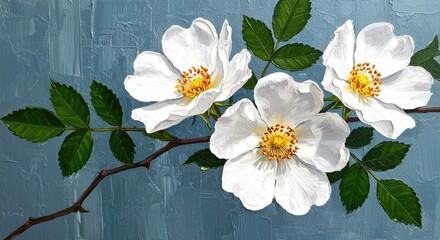 White Dog Rose Flowers on Blue Background, Oil Painting white flowers floral art botanical art roses white rose green leaves artwork