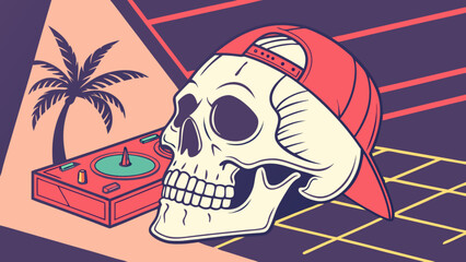 Retro dj skull with palm tree and turntable vector art illustration for music and dj themed designs