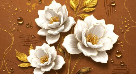 White Flowers with Gold Accents on Brown Background floral design art illustration texture leaves gold leaf abstract elegant luxury