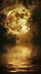 Celestial Reflection: The mesmerizing golden moon casts its gentle glow across a tranquil body of water, framed by a shadowy forest, creating a mystical scene.