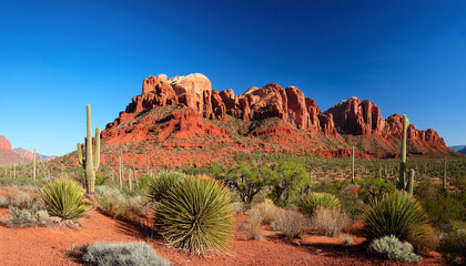 Vibrant Desert Landscape With Red Rock Formations And Cacti Against Clear Sky Background