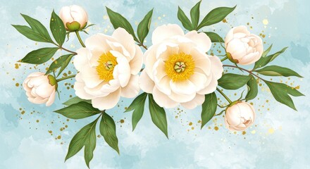 White Peonies Floral Arrangement on Blue Watercolor Background white flowers bouquet blue background gold accents leaves