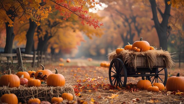 Autumn Pumpkin Patch with Cart and Fall Foliage - Harvest Season Farm Landscape