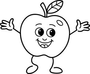 A happy cartoon apple character with its arms outstretched, isolated on a transparent background, smiling with a cheerful expression, ready for coloring or educational purposes, liner art style
