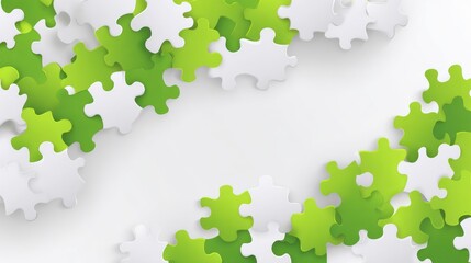 Jigsaw puzzle pieces scattered on white backdrop, green and white colors, copy space