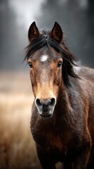 Fototapeta premium Brown horse with flowing mane presents a captivating presence in a serene, misty landscape during early morning light