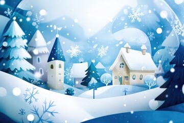 Charming winter village scene in snow globe with snowflakes and pine trees