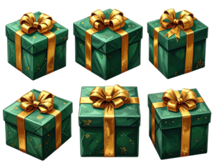 set of isolated illustrations of green colored gift box with golden ribbons. Created