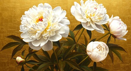 White Peonies on Gold peony flower flowers bloom blossom painting art artwork floral botanical still life nature elegant luxury