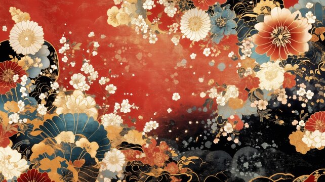 A luxurious Japanese-inspired pattern featuring golden chrysanthemums, fans, and stylized clouds on a rich red and black background