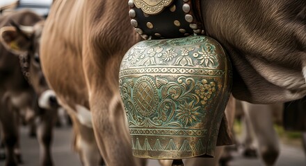 Traditional Engraved Cowbell on a Brown Cow, Close-up